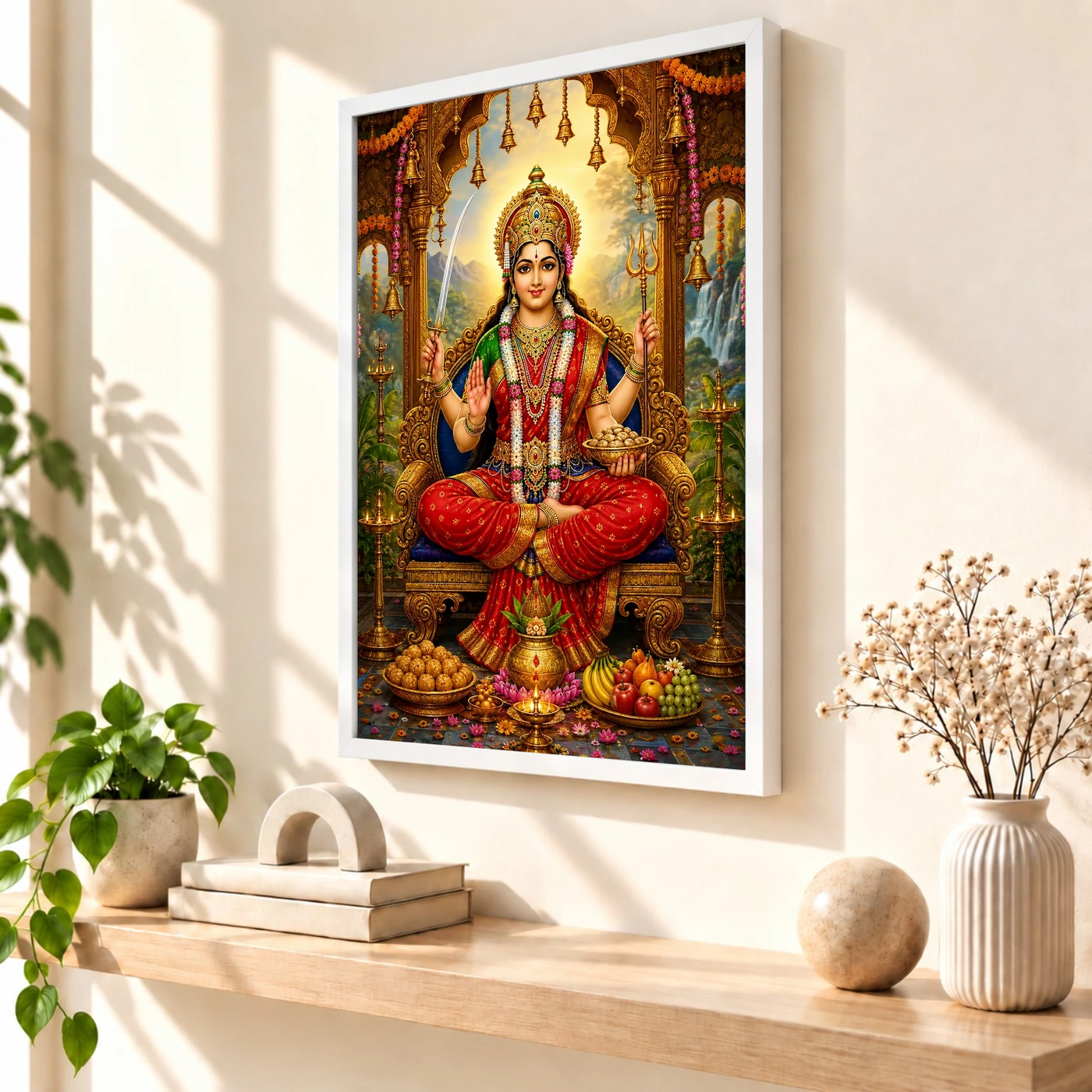 Santoshi Maa Peaceful Home Mandir Composition Photo Frame 7 Santoshi Maa Peaceful Home Mandir Composition Photo Frame — white frame warm console