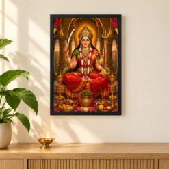 Santoshi Maa Heritage Temple Architecture Backdrop Photo Frame — black frame pooja shelf