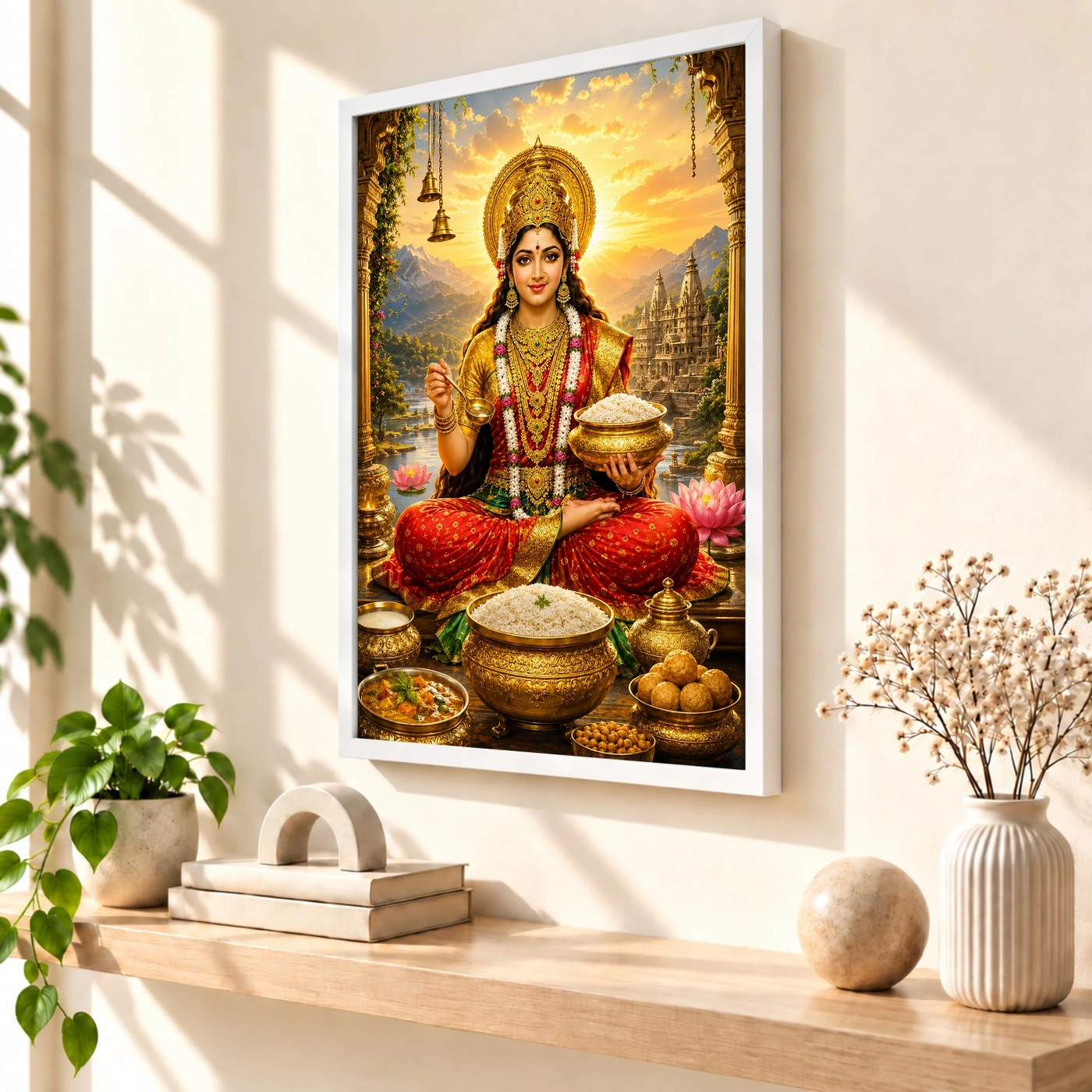 Annapurna Devi Serene Sunrise Blessing Photo Frame 7 Annapurna Devi Serene Sunrise Blessing Photo Frame — white frame warm console