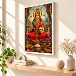 Annapurna Devi Traditional Indian Miniature-Inspired Devotional Art Photo Frame — white frame warm console