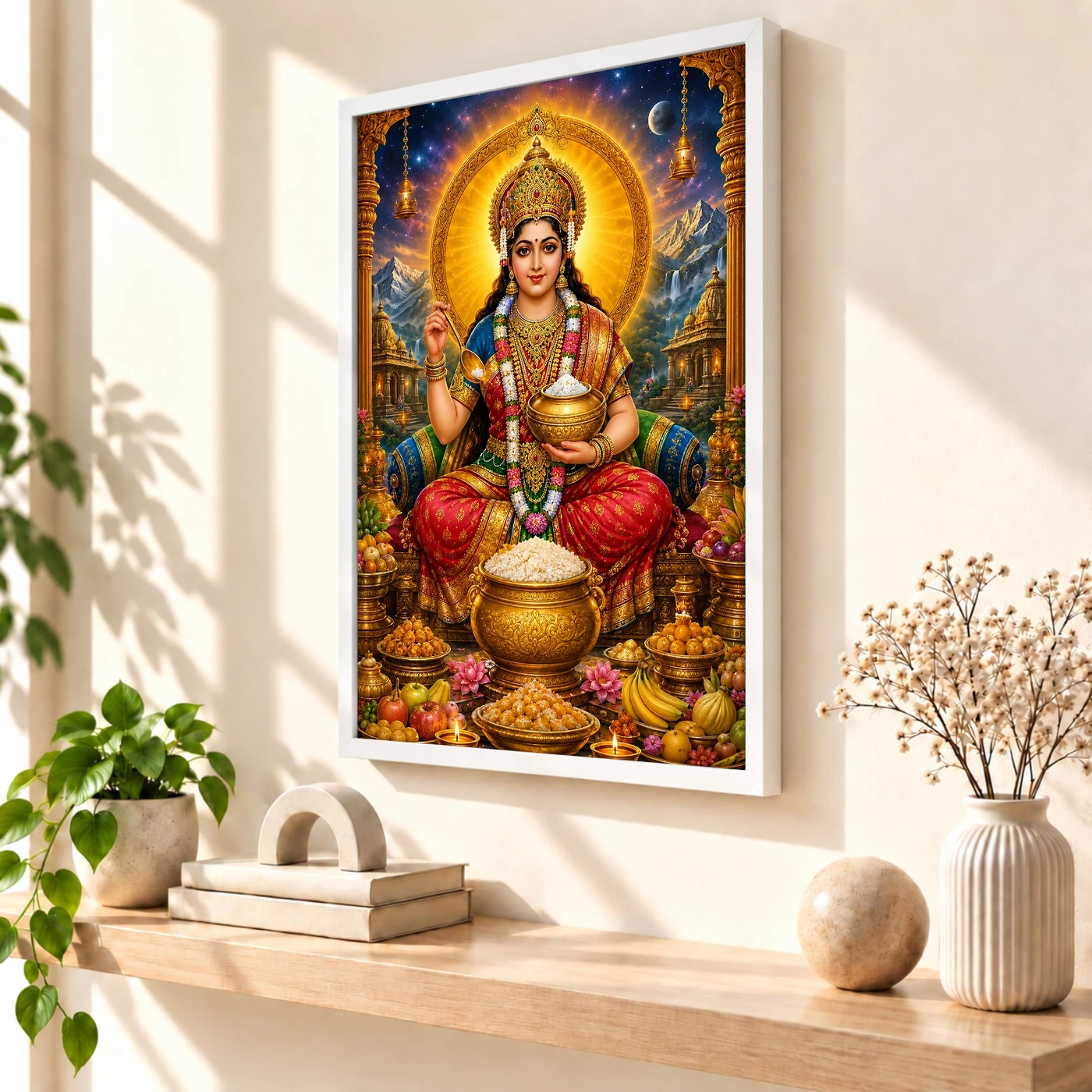 Annapurna Devi Cosmic Celestial Aura Photo Frame 7 Annapurna Devi Cosmic Celestial Aura Photo Frame — white frame warm console