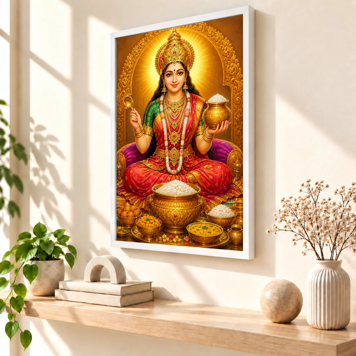 Annapurna Devi Peaceful Home Mandir Composition Photo Frame 7 Annapurna Devi Peaceful Home Mandir Composition Photo Frame — white frame warm console
