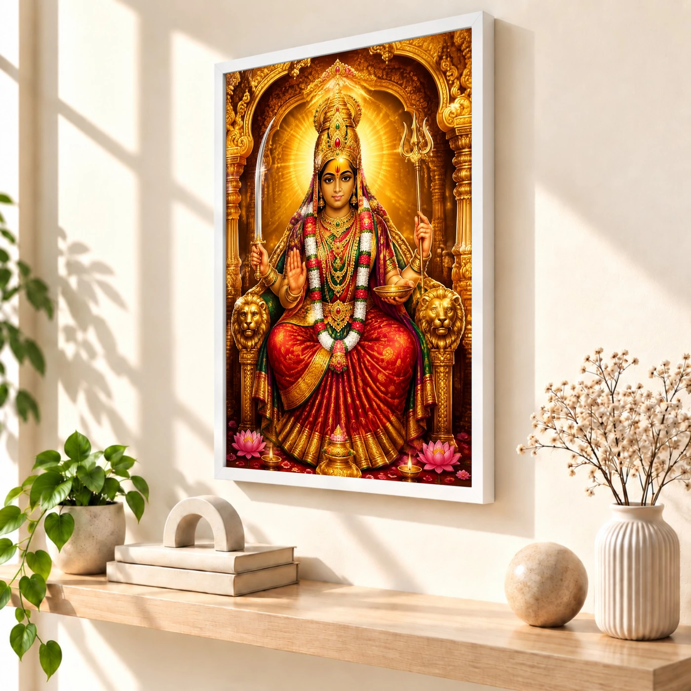 Tulja Bhavani Ornate Golden Temple Darshan Photo Frame 7 Tulja Bhavani Ornate Golden Temple Darshan Photo Frame — white frame warm console