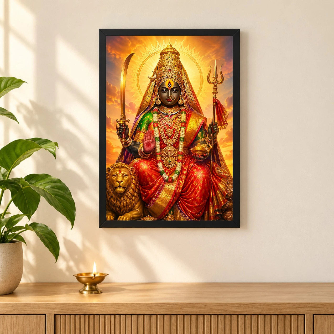 Tulja Bhavani Serene Sunrise Blessing Photo Frame 3 Tulja Bhavani Serene Sunrise Blessing Photo Frame — black frame pooja shelf