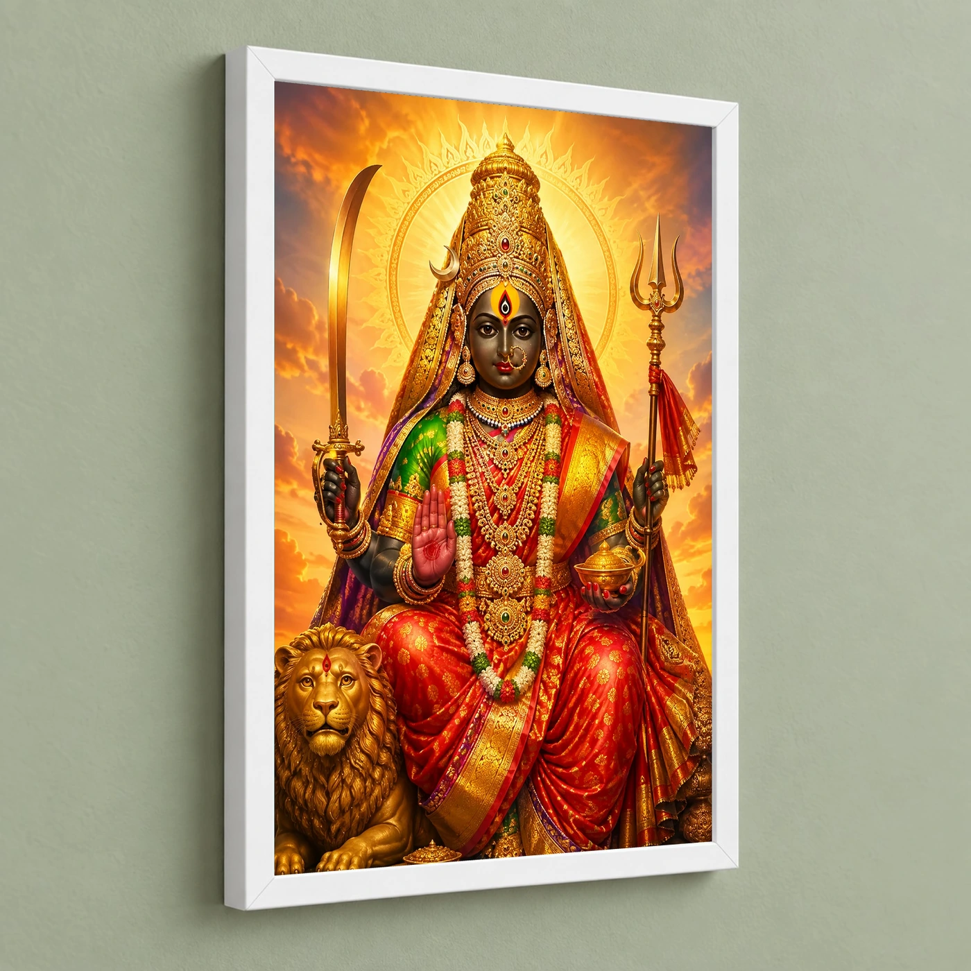Tulja Bhavani Serene Sunrise Blessing Photo Frame 5 Tulja Bhavani Serene Sunrise Blessing Photo Frame — white frame angled wall