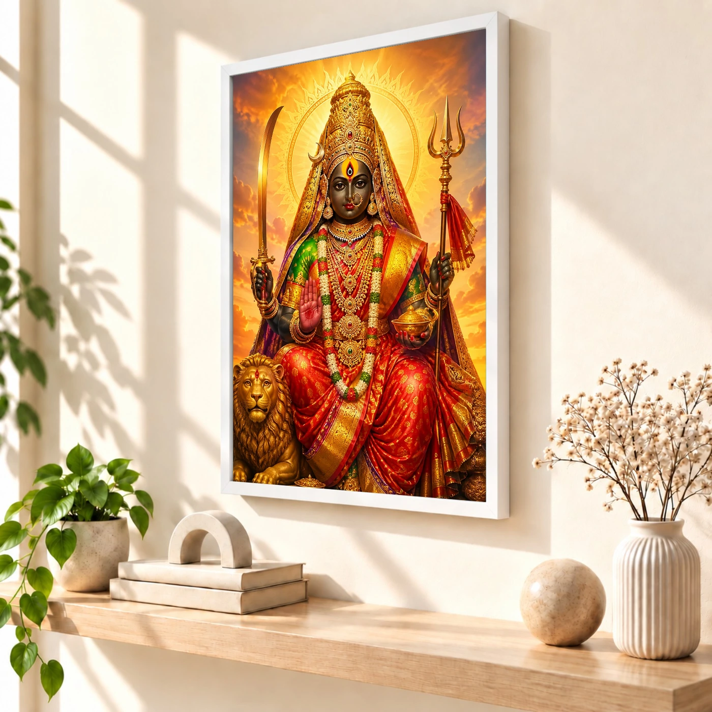 Tulja Bhavani Serene Sunrise Blessing Photo Frame 7 Tulja Bhavani Serene Sunrise Blessing Photo Frame — white frame warm console