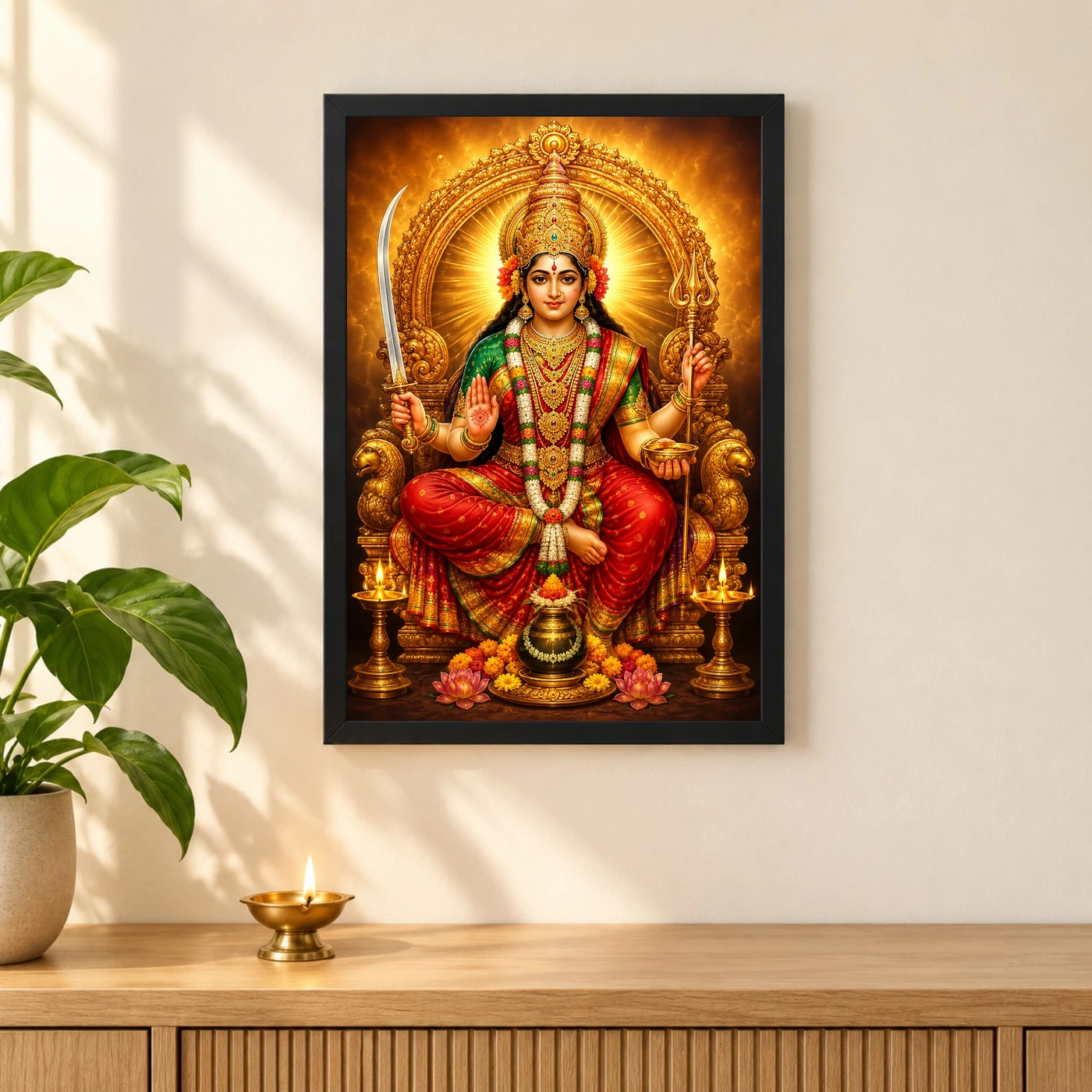 Tulja Bhavani Peaceful Home Mandir Composition Photo Frame 3 Tulja Bhavani Peaceful Home Mandir Composition Photo Frame — black frame pooja shelf