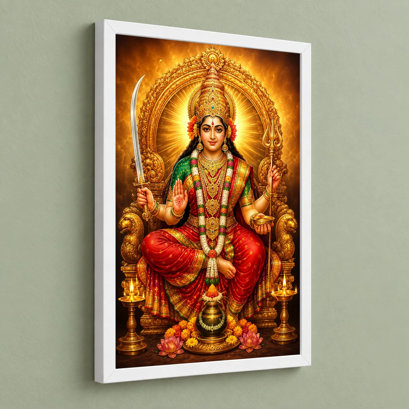 Tulja Bhavani Peaceful Home Mandir Composition Photo Frame 5 Tulja Bhavani Peaceful Home Mandir Composition Photo Frame — white frame angled wall