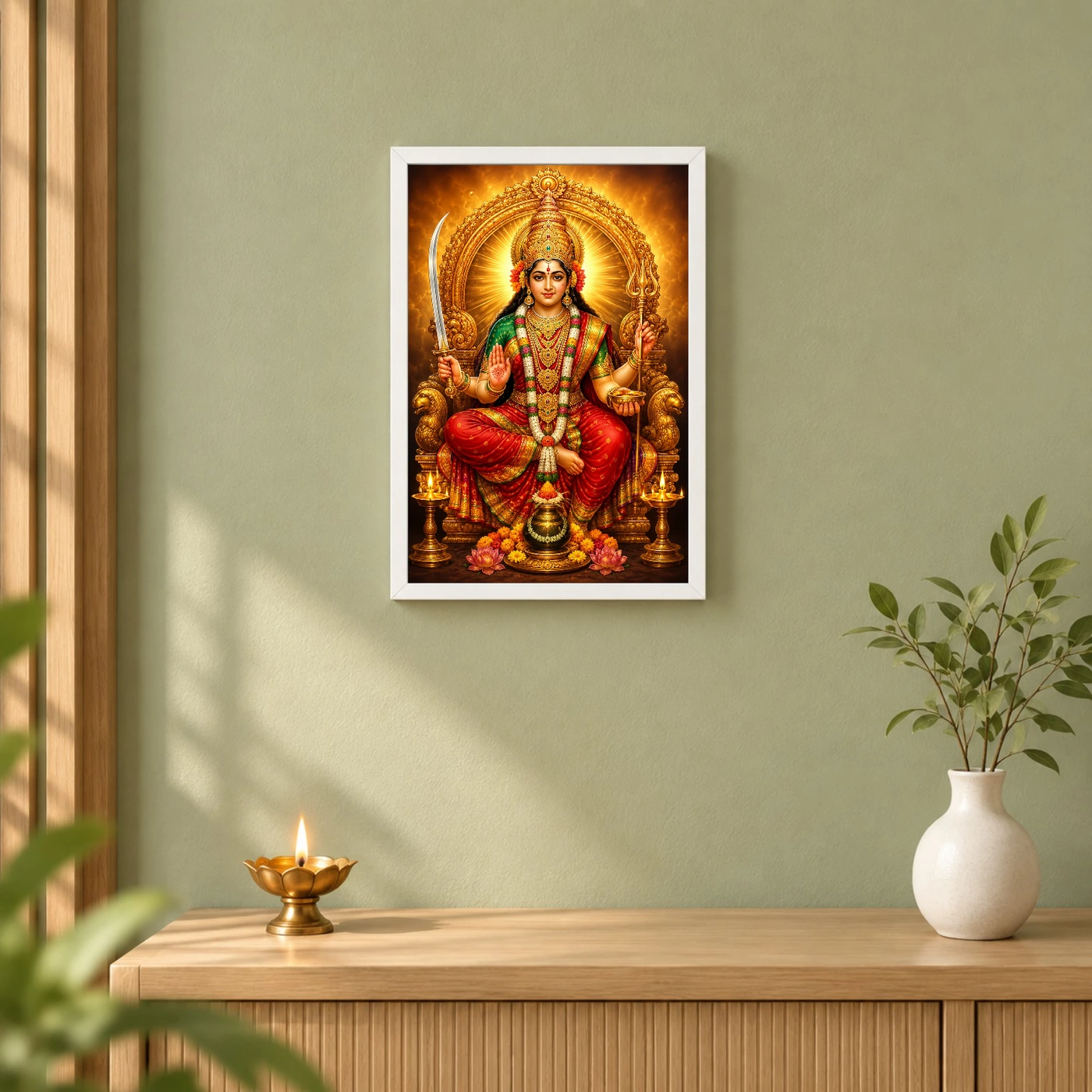 Tulja Bhavani Peaceful Home Mandir Composition Photo Frame 6 Tulja Bhavani Peaceful Home Mandir Composition Photo Frame — white frame distant wall