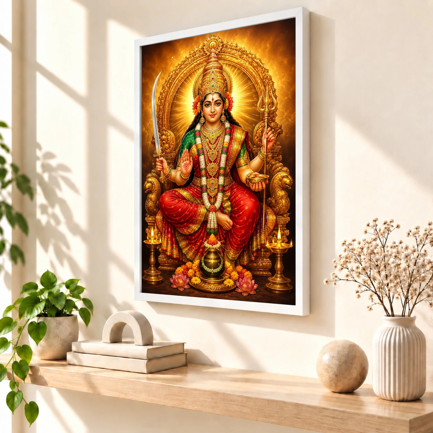 Tulja Bhavani Peaceful Home Mandir Composition Photo Frame 7 Tulja Bhavani Peaceful Home Mandir Composition Photo Frame — white frame warm console