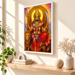Tulja Bhavani Vivid Premium Spiritual Poster Art Photo Frame — white frame warm console