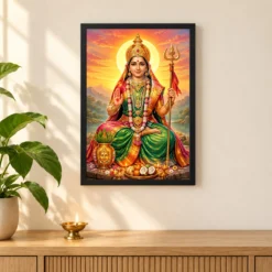 Renuka Yellamma Serene Sunrise Blessing Photo Frame — black frame pooja shelf
