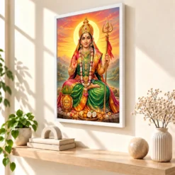 Renuka Yellamma Serene Sunrise Blessing Photo Frame — white frame warm console