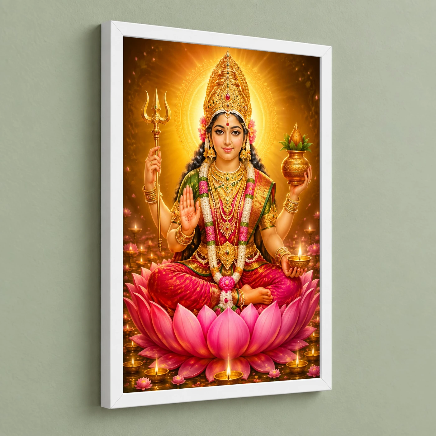 Renuka Yellamma Lotus And Diya Radiance Photo Frame 5 Renuka Yellamma Lotus And Diya Radiance Photo Frame — white frame angled wall