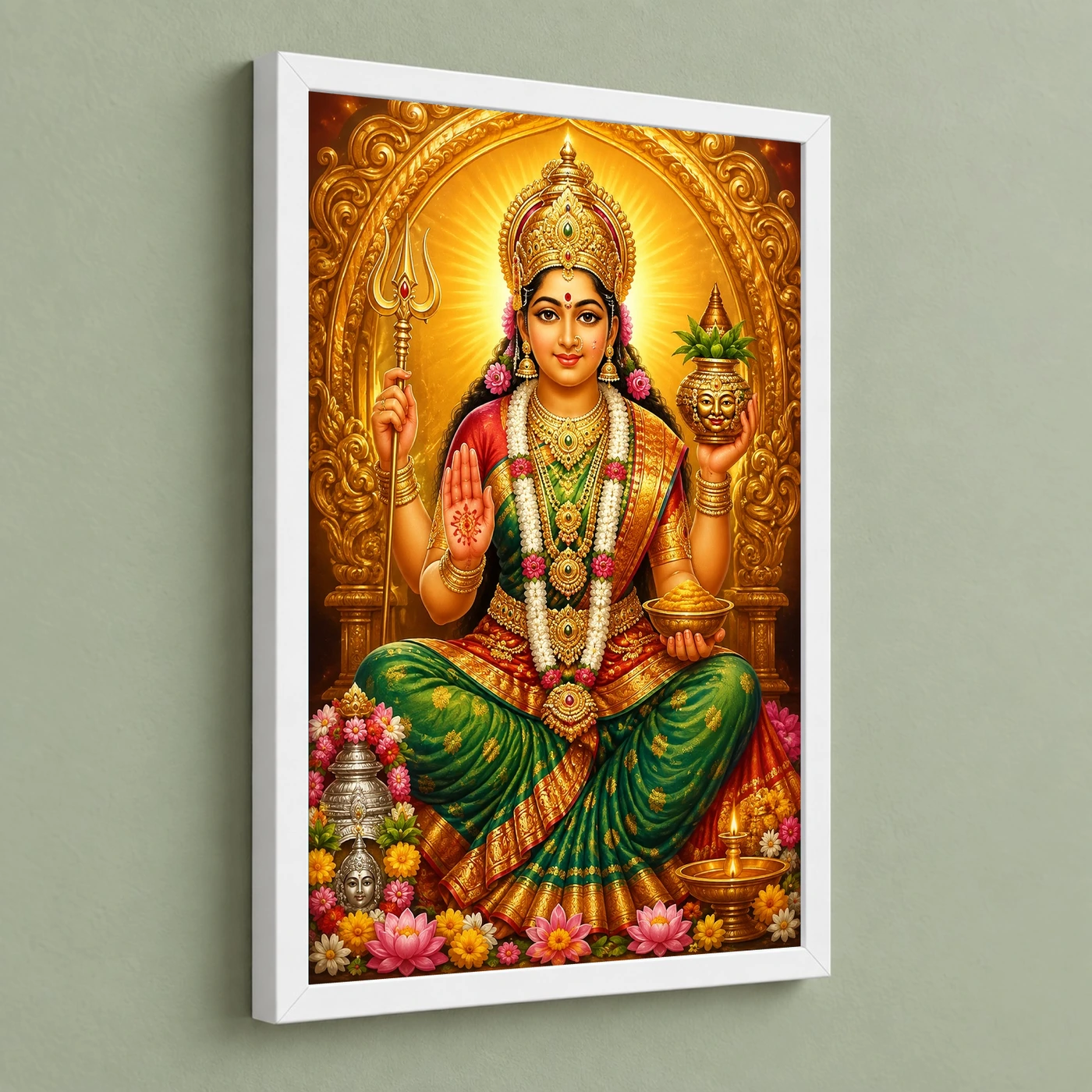 Renuka Yellamma Peaceful Home Mandir Composition Photo Frame 5 Renuka Yellamma Peaceful Home Mandir Composition Photo Frame — white frame angled wall