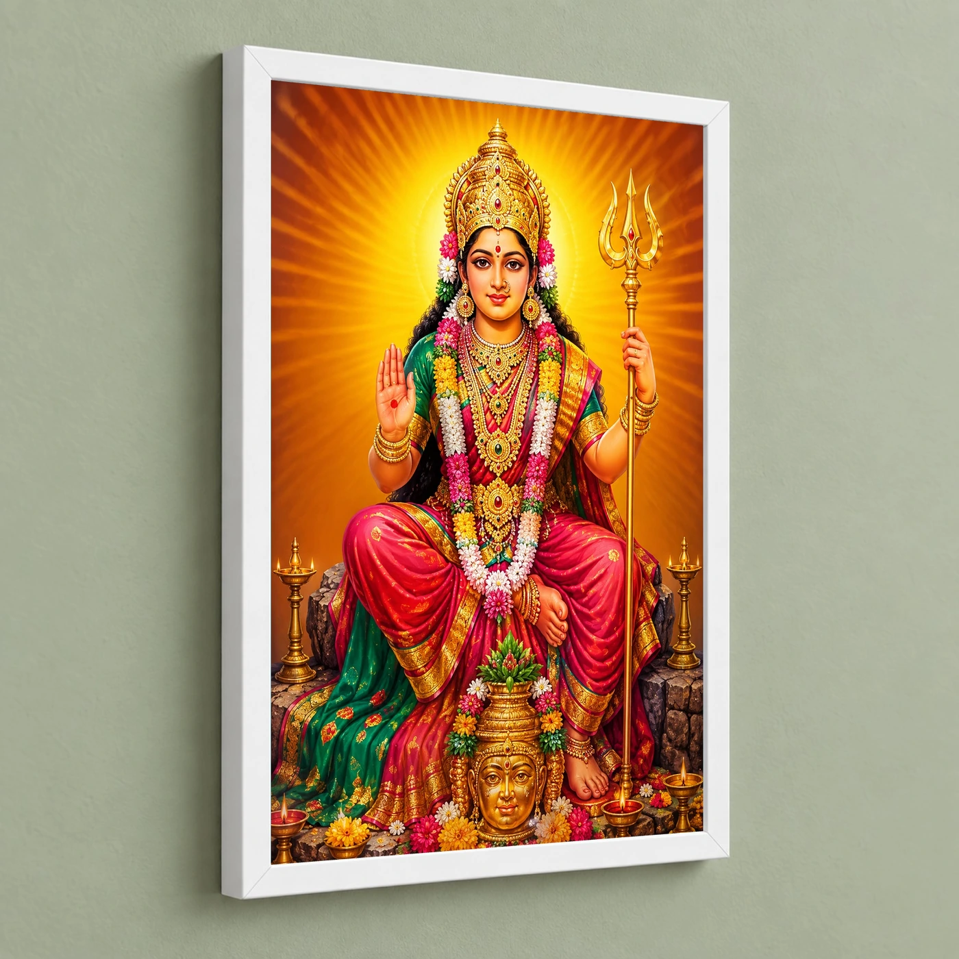 Renuka Yellamma Vivid Premium Spiritual Poster Art Photo Frame 5 Renuka Yellamma Vivid Premium Spiritual Poster Art Photo Frame — white frame angled wall