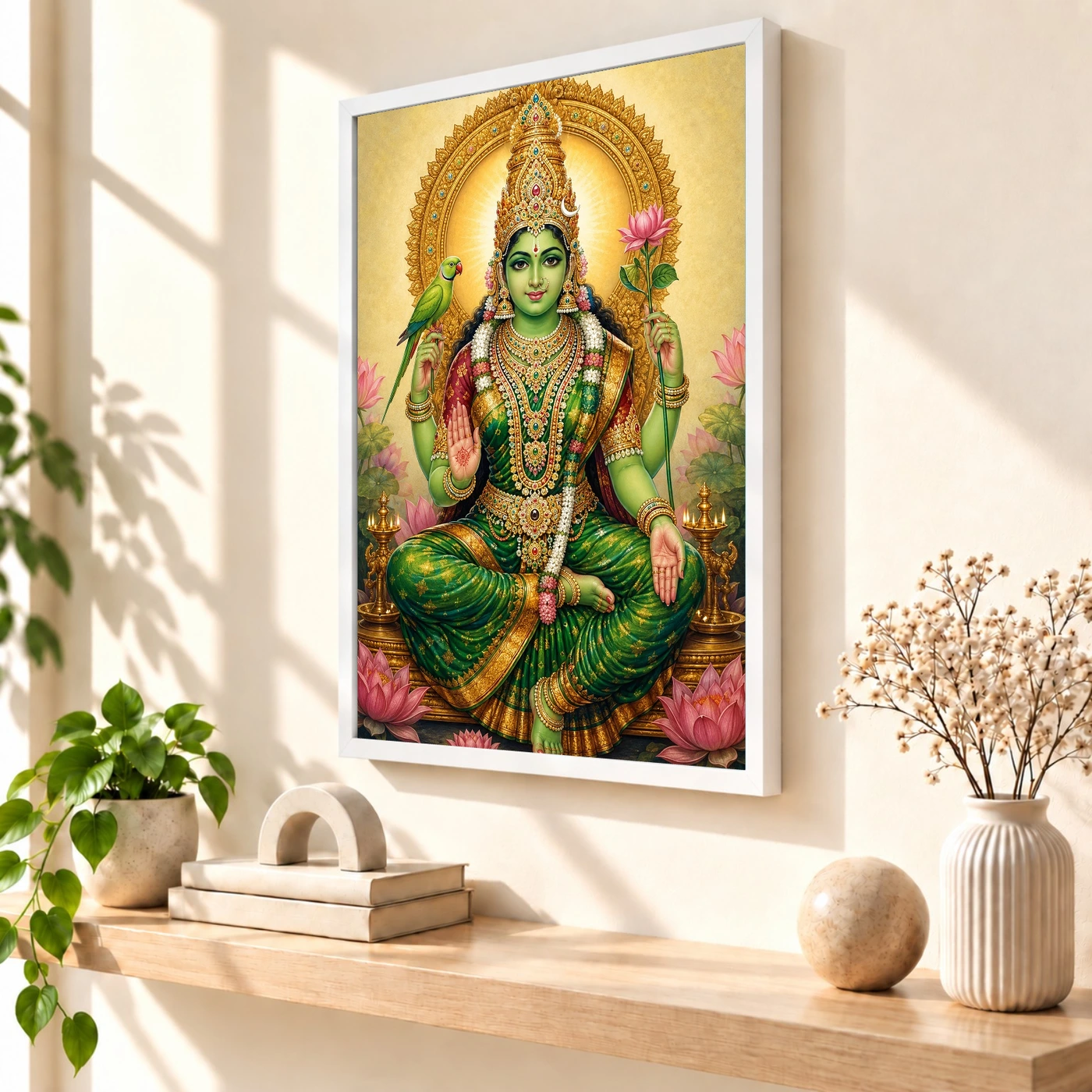 Meenakshi Amman Traditional Indian Miniature-Inspired Devotional Art Photo Frame 7 Meenakshi Amman Traditional Indian Miniature-Inspired Devotional Art Photo Frame — white frame warm console
