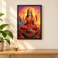 Kamakhya Devi Serene Sunrise Blessing Photo Frame — black frame pooja shelf