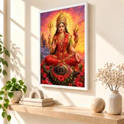 Kamakhya Devi Serene Sunrise Blessing Photo Frame — white frame warm console