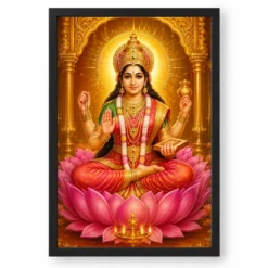 Gayatri Devi Ornate Golden Temple Darshan Photo Frame — black frame clean