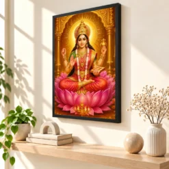 Gayatri Devi Ornate Golden Temple Darshan Photo Frame — black frame console