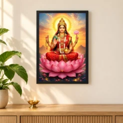 Gayatri Devi Serene Sunrise Blessing Photo Frame — black frame pooja shelf