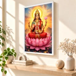 Gayatri Devi Serene Sunrise Blessing Photo Frame — white frame warm console