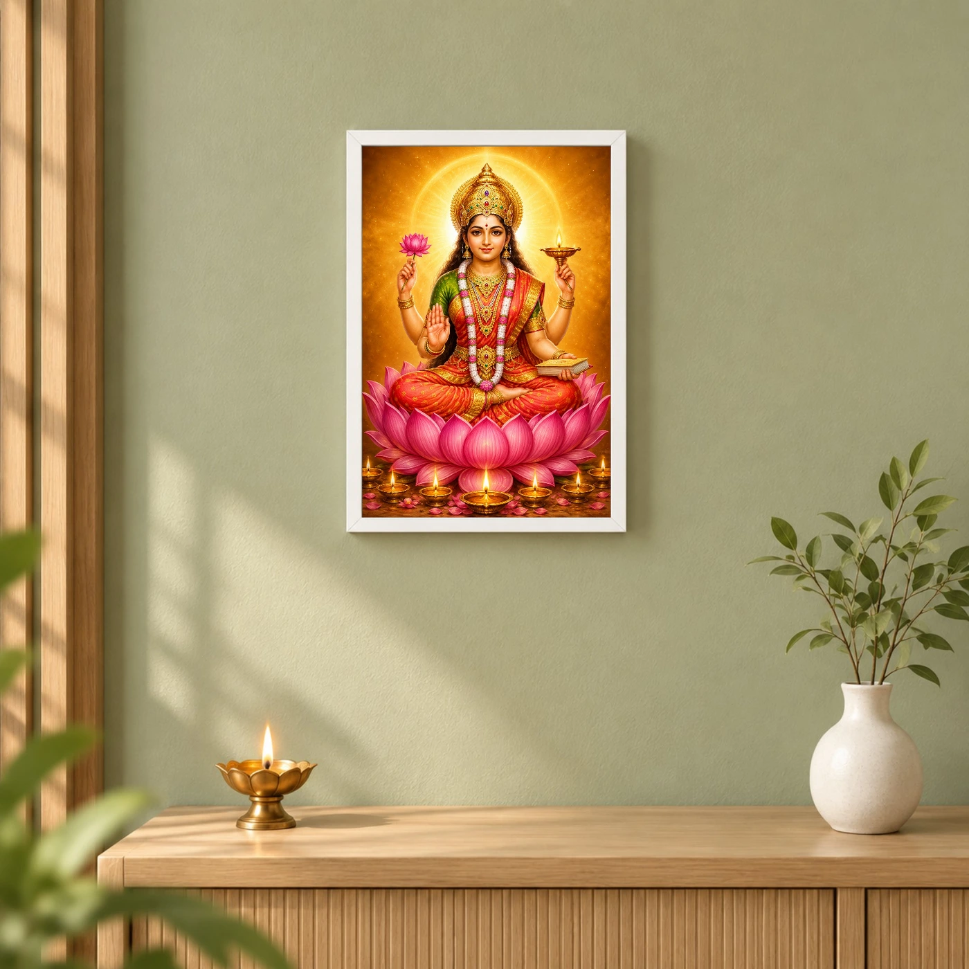 Gayatri Devi Lotus And Diya Radiance Photo Frame 6 Gayatri Devi Lotus And Diya Radiance Photo Frame — white frame distant wall