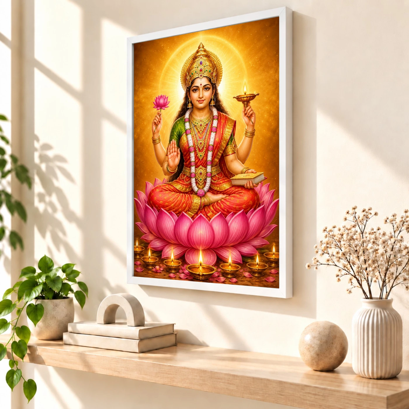 Gayatri Devi Lotus And Diya Radiance Photo Frame 7 Gayatri Devi Lotus And Diya Radiance Photo Frame — white frame warm console