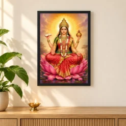 Gayatri Devi Traditional Indian Miniature-Inspired Devotional Art Photo Frame 11 Gayatri Devi Traditional Indian Miniature-Inspired Devotional Art Photo Frame — black frame pooja shelf