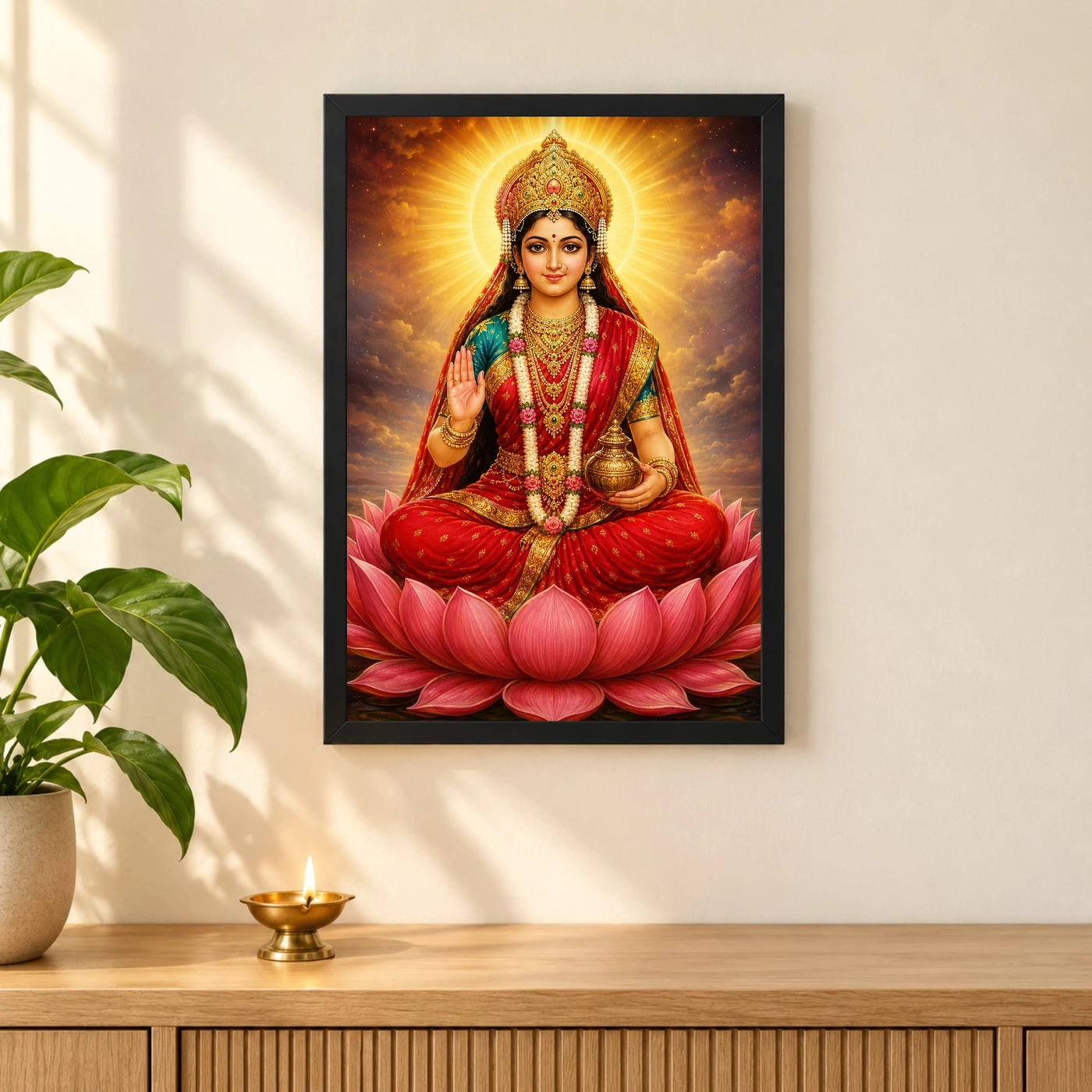 Gayatri Devi Peaceful Home Mandir Composition Photo Frame 3 Gayatri Devi Peaceful Home Mandir Composition Photo Frame — black frame pooja shelf