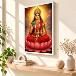 Gayatri Devi Peaceful Home Mandir Composition Photo Frame 15 Gayatri Devi Peaceful Home Mandir Composition Photo Frame — white frame warm console