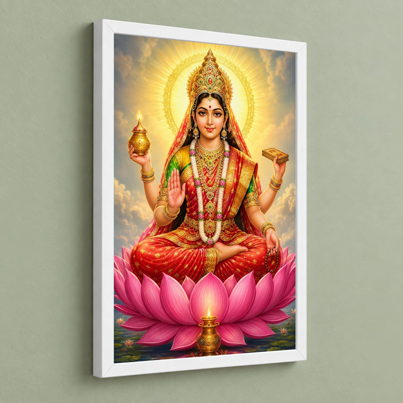 Gayatri Devi Vivid Premium Spiritual Poster Art Photo Frame 5 Gayatri Devi Vivid Premium Spiritual Poster Art Photo Frame — white frame angled wall