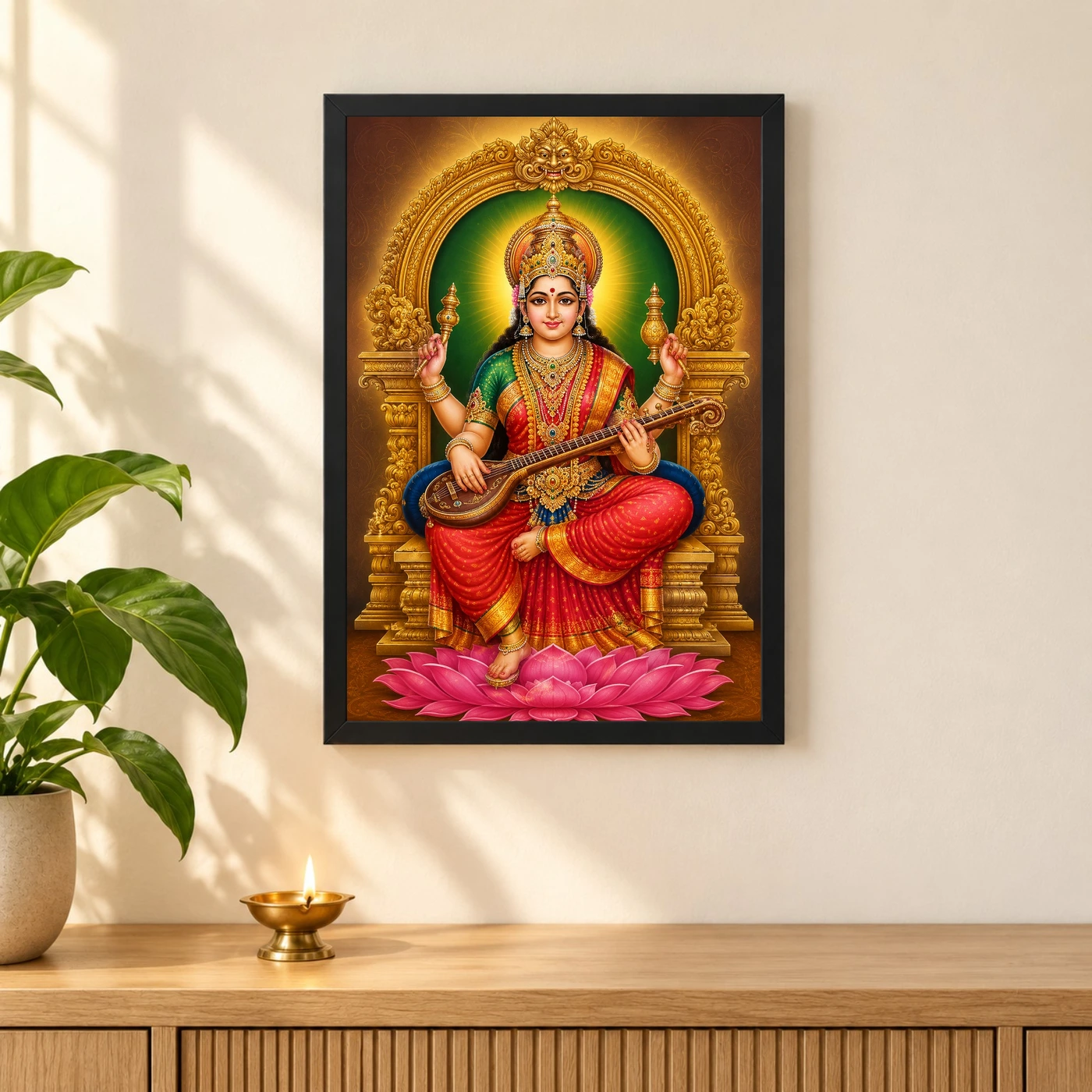 Mookambika Devi Traditional Indian Miniature-Inspired Devotional Art Photo Frame 3 Mookambika Devi Traditional Indian Miniature-Inspired Devotional Art Photo Frame — black frame pooja shelf