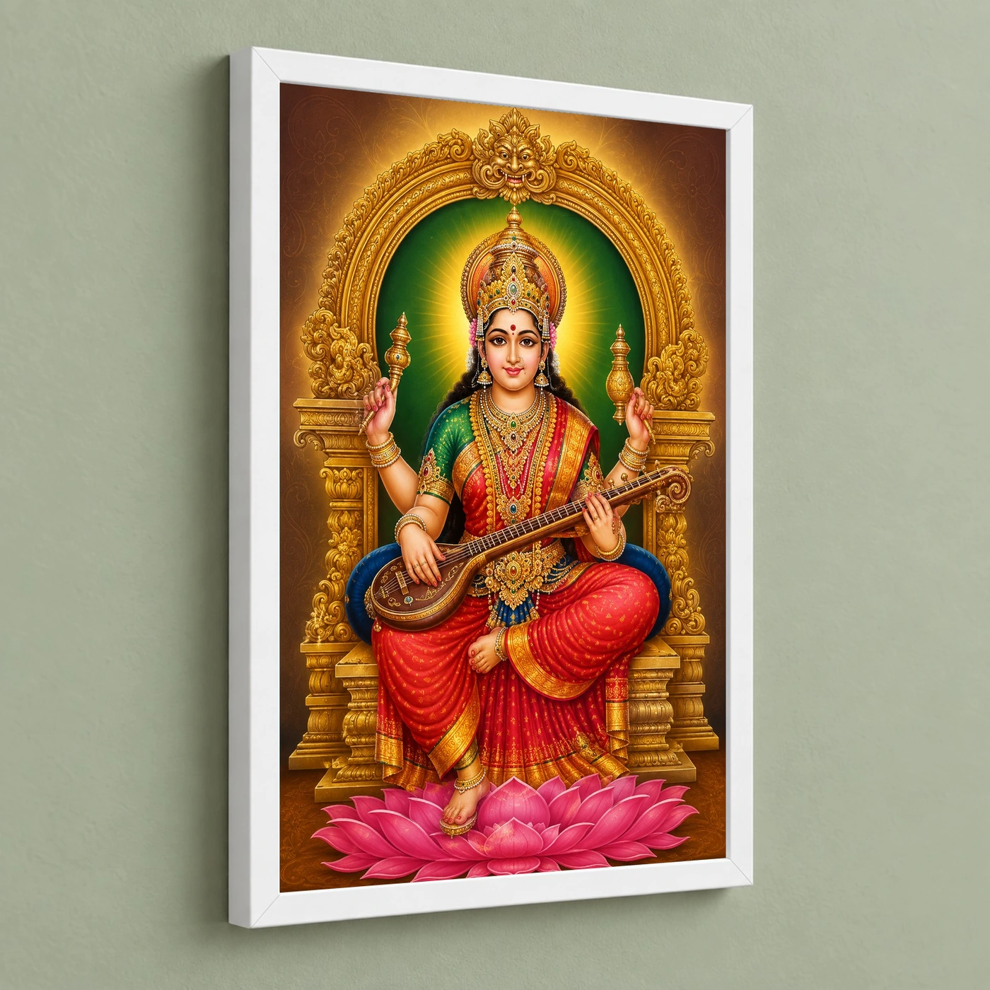 Mookambika Devi Traditional Indian Miniature-Inspired Devotional Art Photo Frame 5 Mookambika Devi Traditional Indian Miniature-Inspired Devotional Art Photo Frame — white frame angled wall