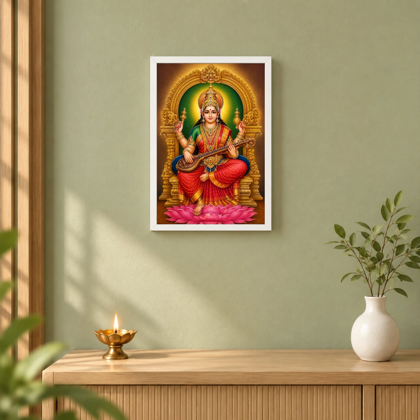 Mookambika Devi Traditional Indian Miniature-Inspired Devotional Art Photo Frame 6 Mookambika Devi Traditional Indian Miniature-Inspired Devotional Art Photo Frame — white frame distant wall