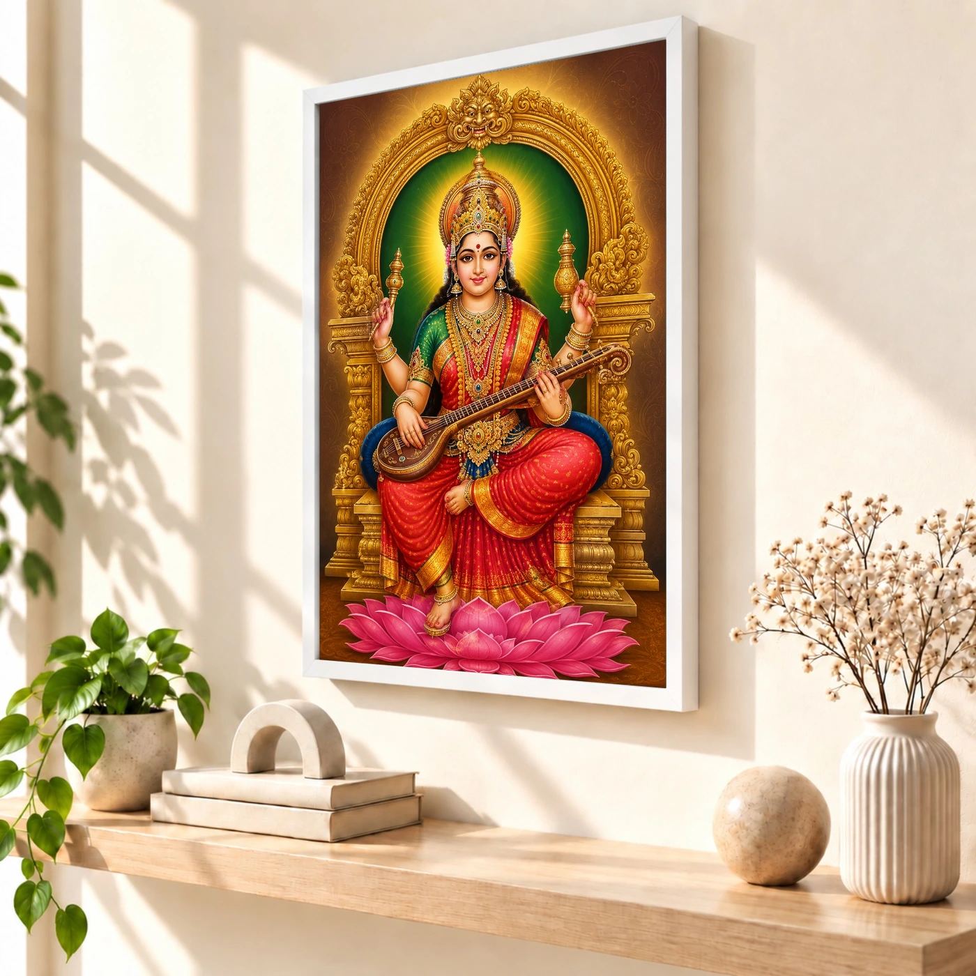Mookambika Devi Traditional Indian Miniature-Inspired Devotional Art Photo Frame 7 Mookambika Devi Traditional Indian Miniature-Inspired Devotional Art Photo Frame — white frame warm console