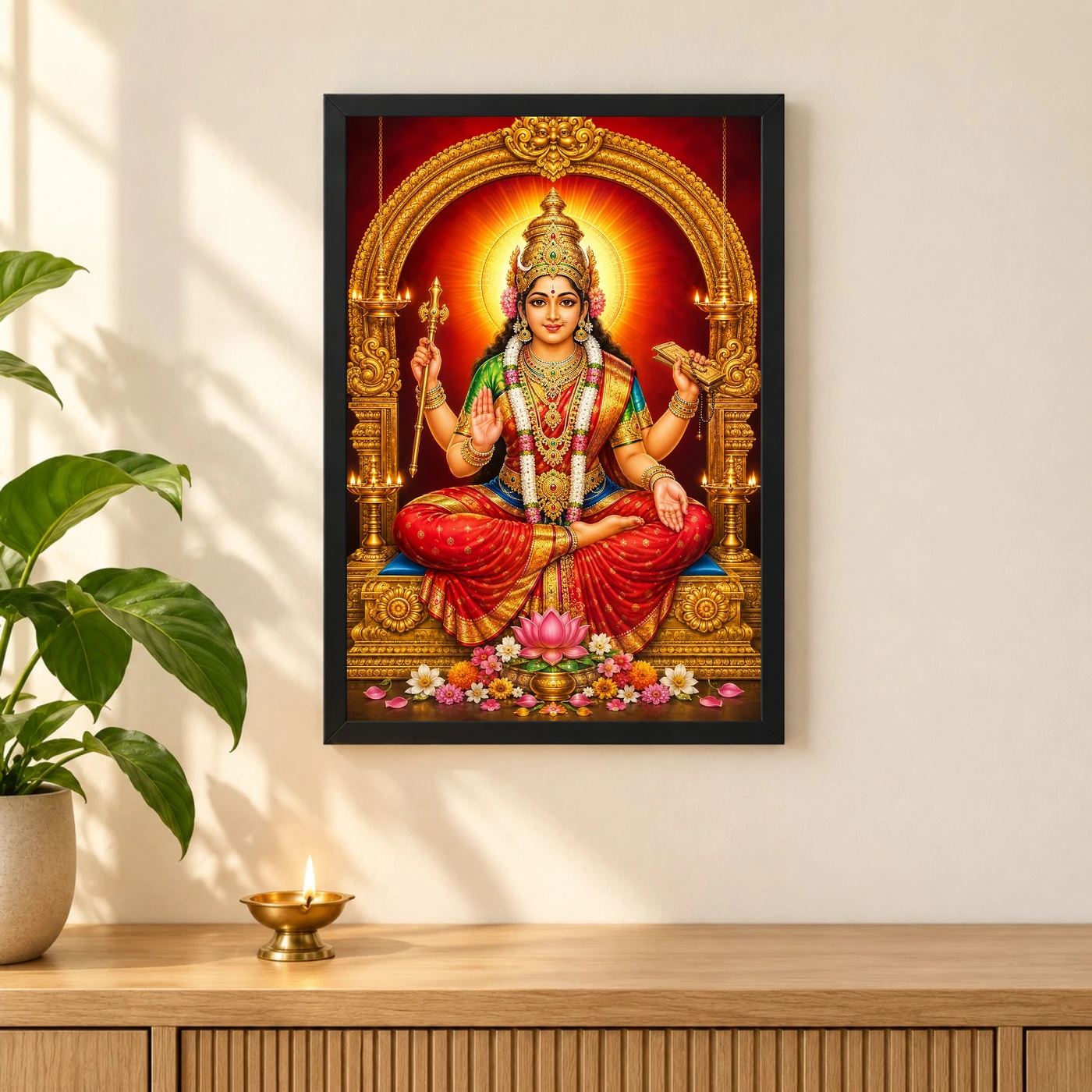 Mookambika Devi Vivid Premium Spiritual Poster Art Photo Frame 3 Mookambika Devi Vivid Premium Spiritual Poster Art Photo Frame — black frame pooja shelf