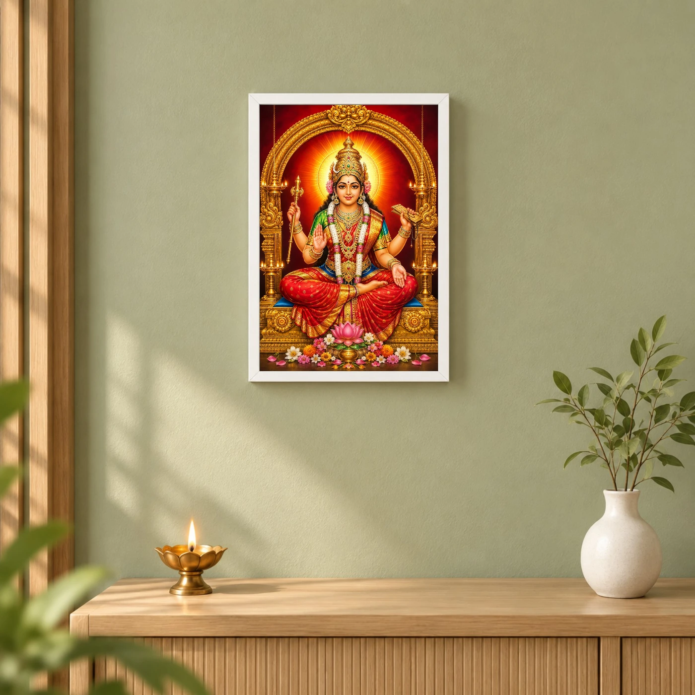 Mookambika Devi Vivid Premium Spiritual Poster Art Photo Frame 6 Mookambika Devi Vivid Premium Spiritual Poster Art Photo Frame — white frame distant wall