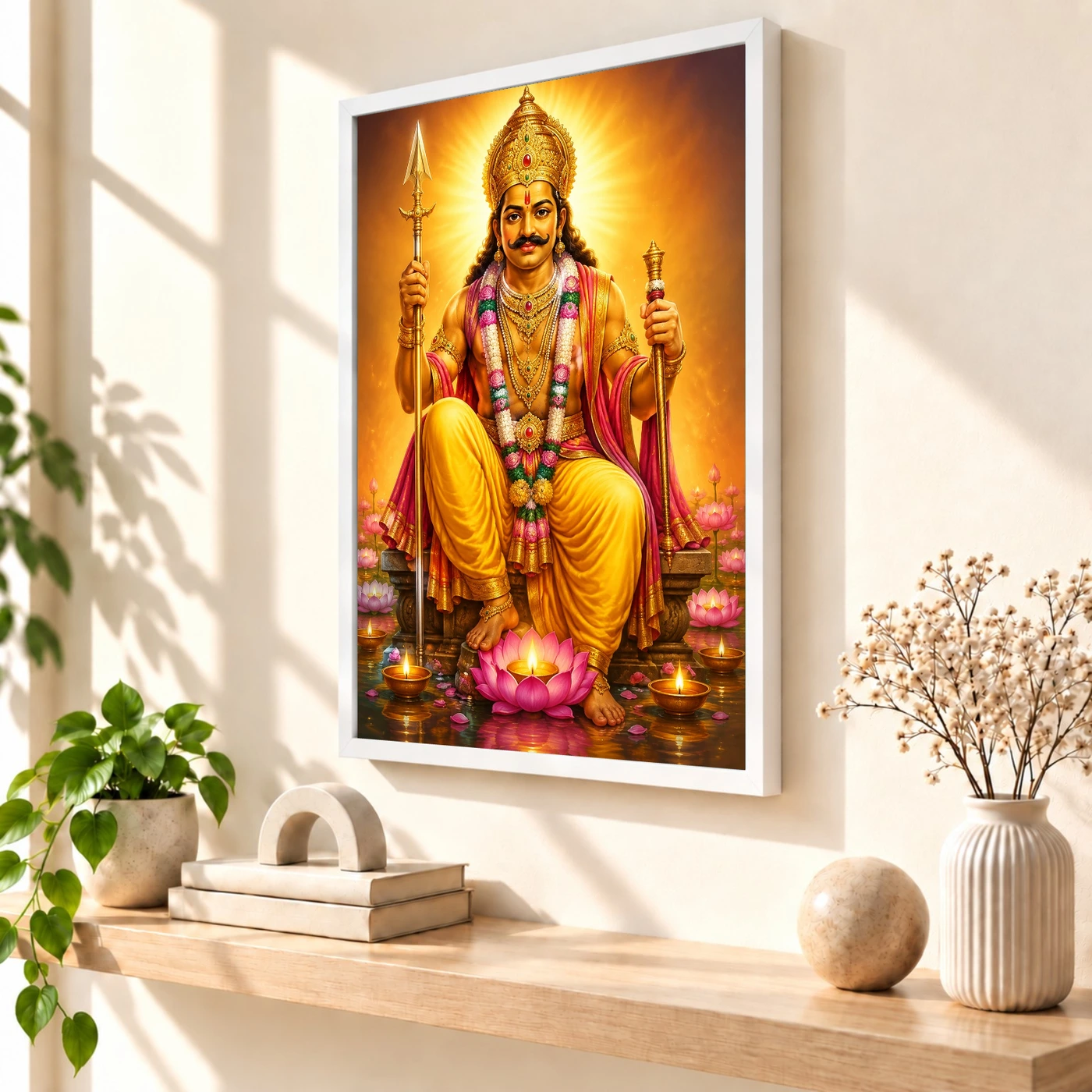 Khandoba Lotus And Diya Radiance Photo Frame 7 Khandoba Lotus And Diya Radiance Photo Frame — white frame warm console