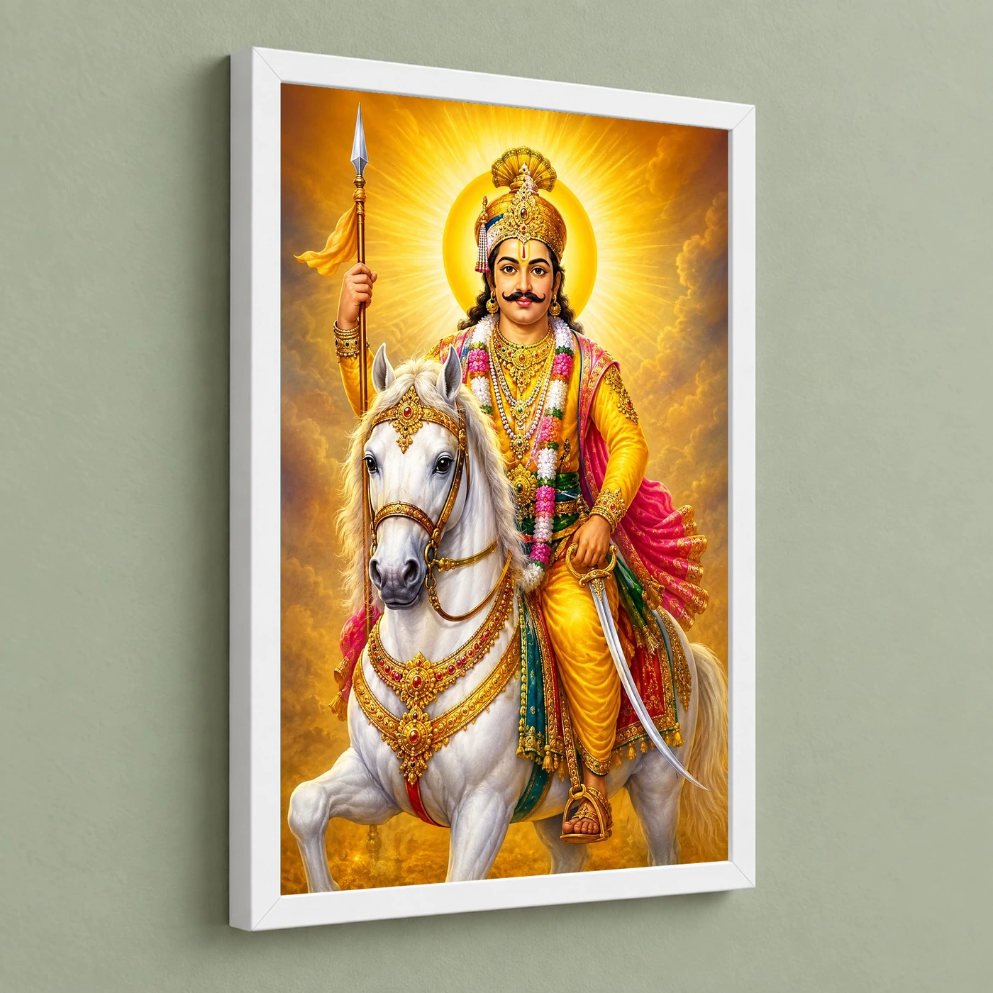 Khandoba Traditional Indian Miniature-Inspired Devotional Art Photo Frame 5 Khandoba Traditional Indian Miniature-Inspired Devotional Art Photo Frame — white frame angled wall
