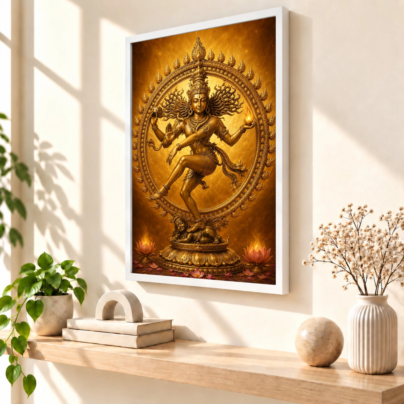 Nataraja Ornate Golden Temple Darshan Photo Frame 7 Nataraja Ornate Golden Temple Darshan Photo Frame — white frame warm console