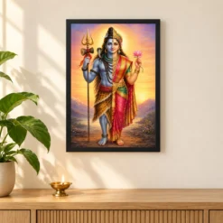 Ardhanarishvara Serene Sunrise Blessing Photo Frame — black frame pooja shelf