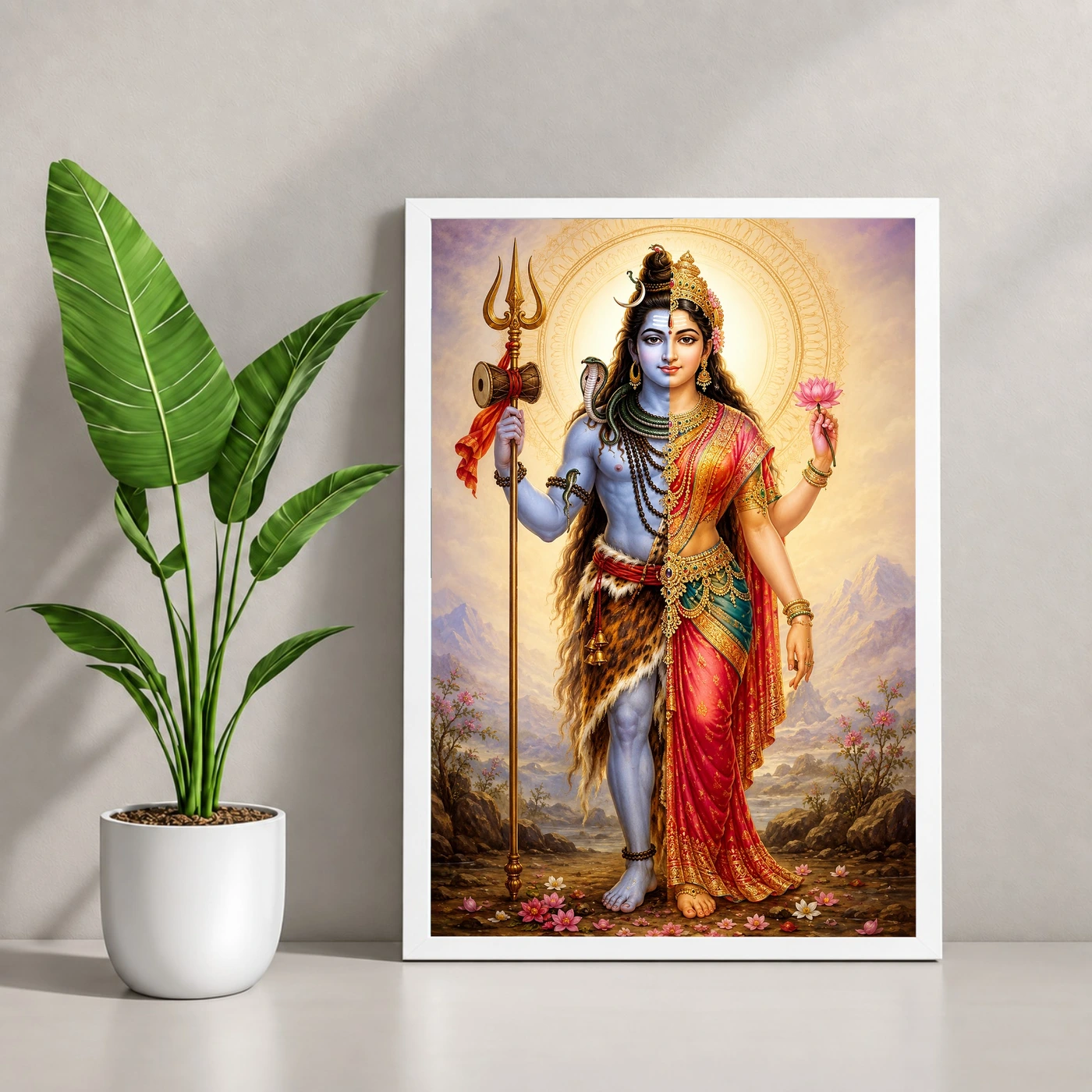 Ardhanarishvara Traditional Indian Miniature-Inspired Devotional Art Photo Frame 4 Ardhanarishvara Traditional Indian Miniature-Inspired Devotional Art Photo Frame — white frame console