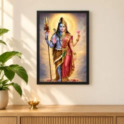 Ardhanarishvara Peaceful Home Mandir Composition Photo Frame — black frame pooja shelf