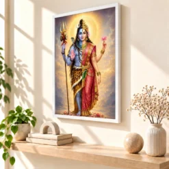 Ardhanarishvara Peaceful Home Mandir Composition Photo Frame — white frame warm console