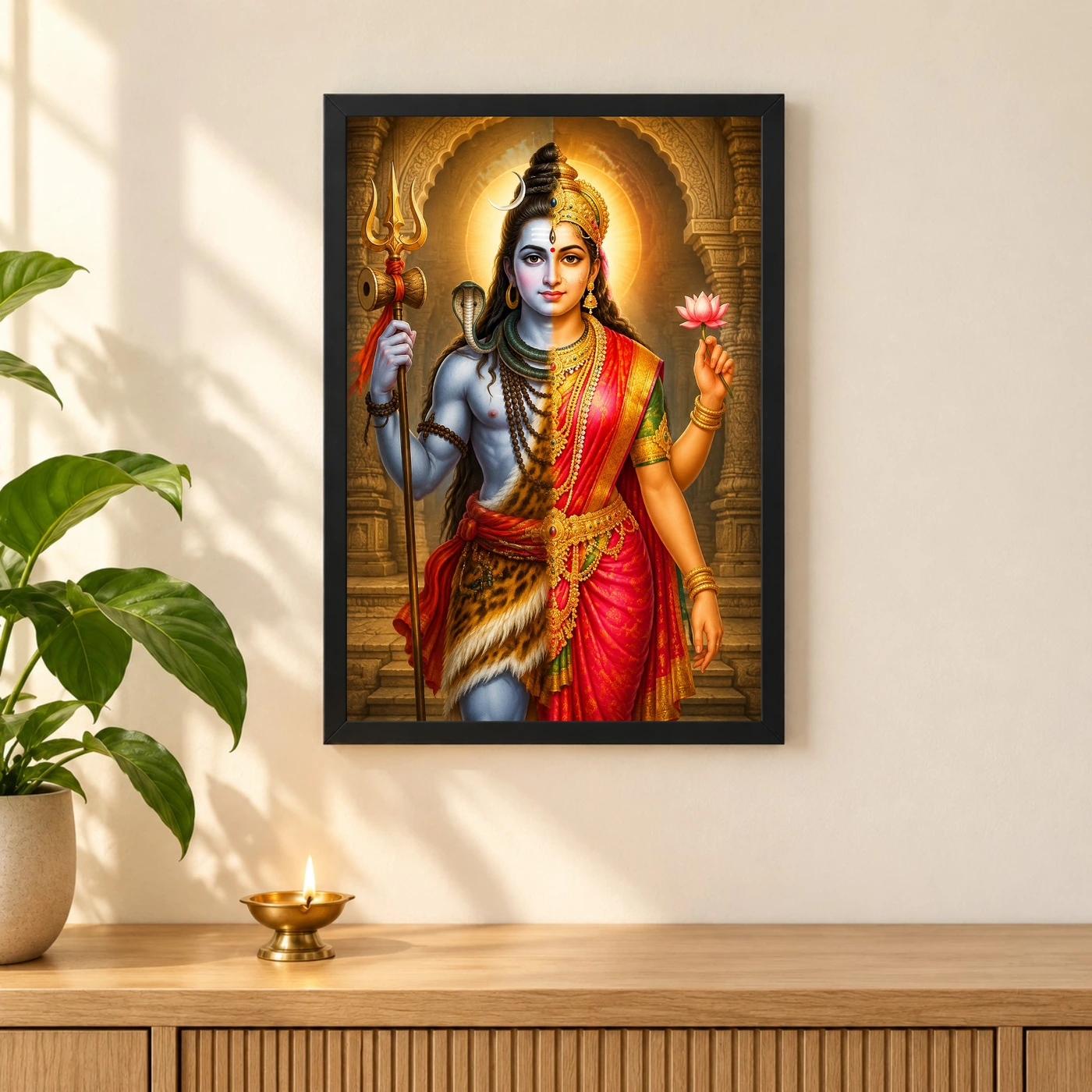 Ardhanarishvara Heritage Temple Architecture Backdrop Photo Frame 3 Ardhanarishvara Heritage Temple Architecture Backdrop Photo Frame — black frame pooja shelf