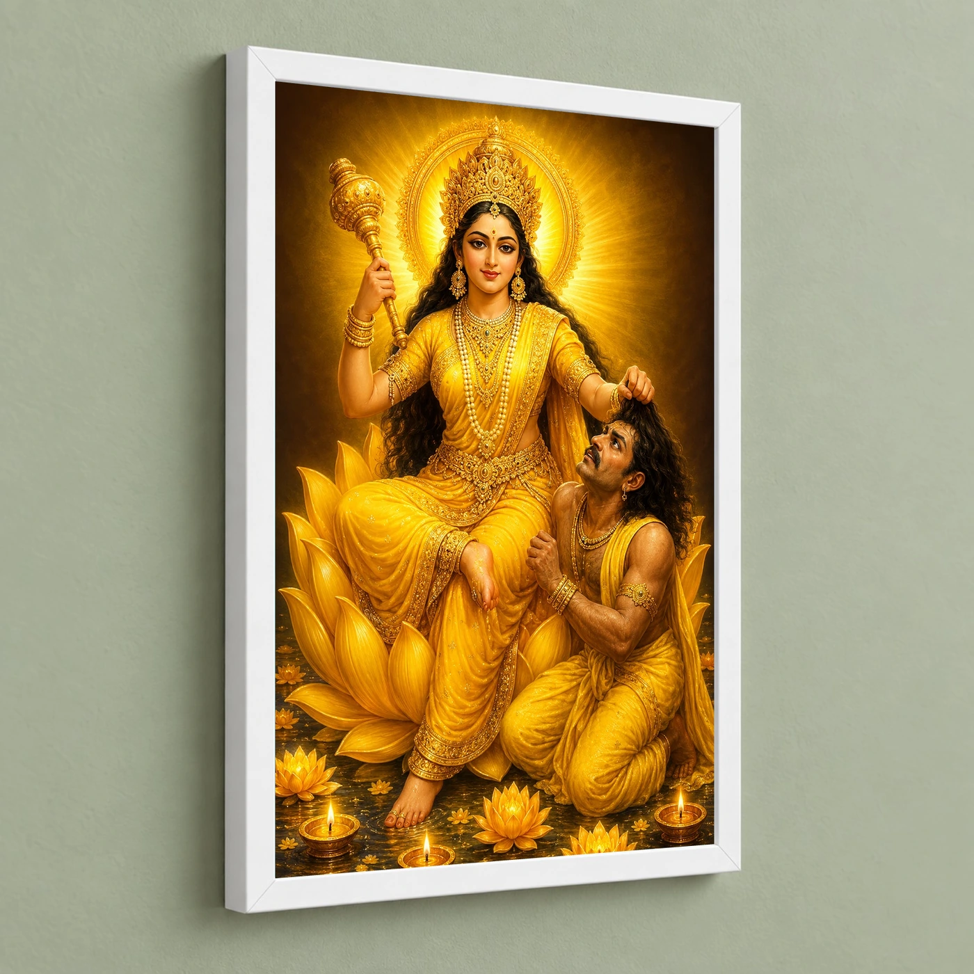 Baglamukhi Devi Lotus And Diya Radiance Photo Frame 5 Baglamukhi Devi Lotus And Diya Radiance Photo Frame — white frame angled wall