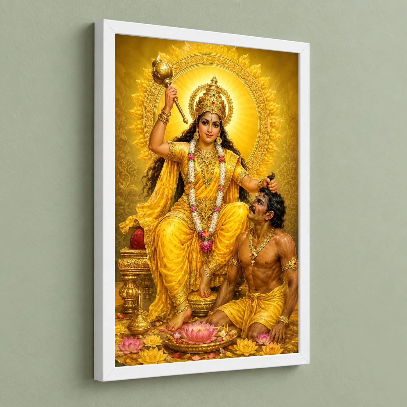 Baglamukhi Devi Traditional Indian Miniature-Inspired Devotional Art Photo Frame 5 Baglamukhi Devi Traditional Indian Miniature-Inspired Devotional Art Photo Frame — white frame angled wall