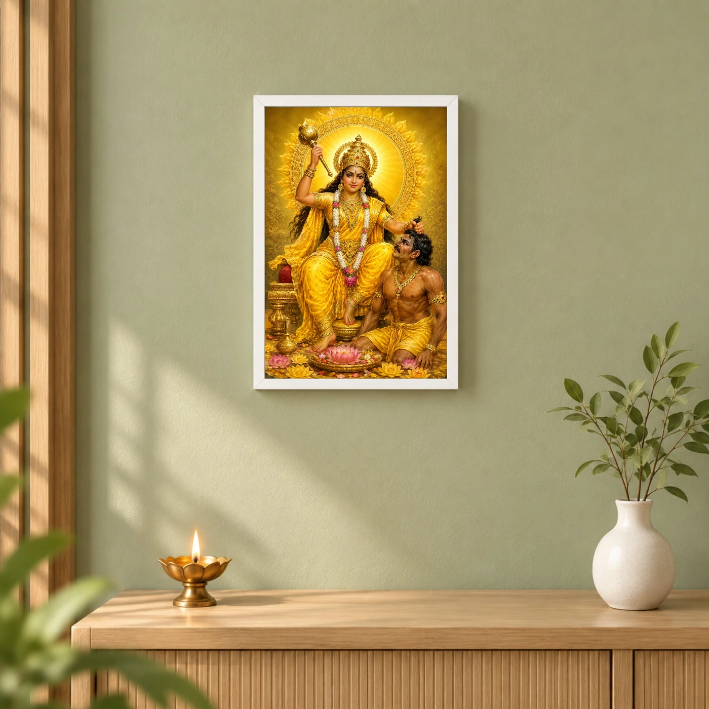 Baglamukhi Devi Traditional Indian Miniature-Inspired Devotional Art Photo Frame 6 Baglamukhi Devi Traditional Indian Miniature-Inspired Devotional Art Photo Frame — white frame distant wall